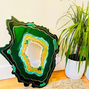 Large 24" Geode Slice In Green & Gold, Home Decor, Wall Art, Geode Table, luxury art, crystal art