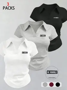 Women's Retro Street Style Letter Embroidery Collar Short Sleeve, 3-Pack Fitted Summer Tops, Be Yourself Design, Slim Fit, Multi-Scene Wear