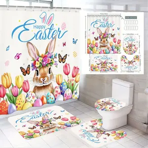 1/4pcs Easter Bathroom Set, Shower Curtain Sets, Cheerful Shower Curtain with Brown Rabbit (Floral Headband), Colorful Tulips, Pastel Eggs, Butterflies, 'Happy Easter' Blue Text, Matching Toilet Seat Cover & 2 Bath Mats, Festive Bathroom Decor