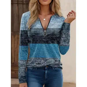 Women’s patchwork print half-zip long-sleeve crewneck T-shirt, casual for fall and winter; women’s clothing for daily wear, nurse, Turkey