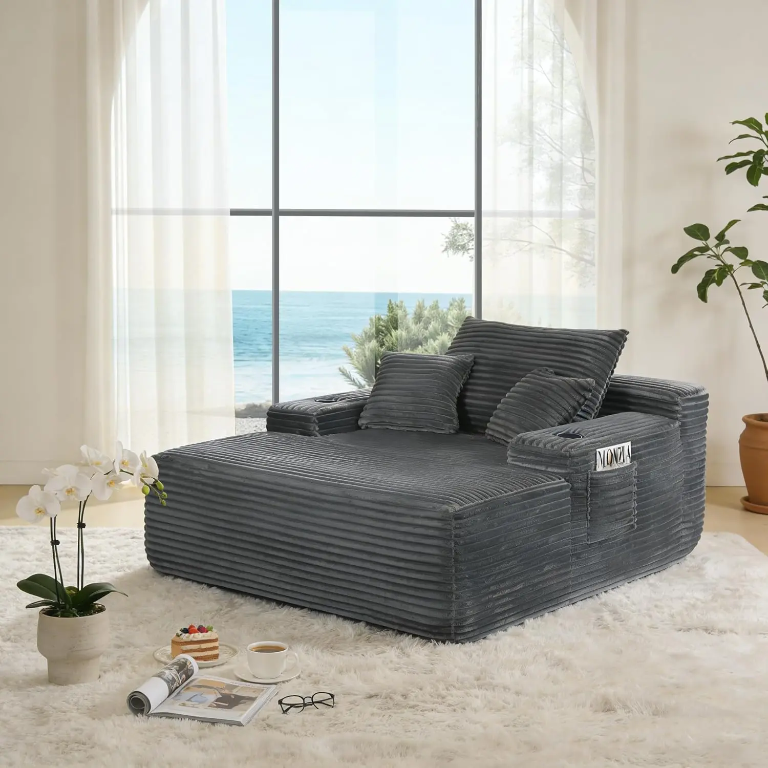 65" Boneless Chaise Lounge, Oversized Corduroy Sleeper Bed with Cup Holders & Side Pockets – No Assembly, for Living Room, Bedroom, Reading Nook, Lounge, Grey