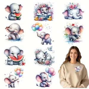 Cute Elephant Pattern Iron-on Transfer Patches, 2 Packs Mixed Color Vinyl DTF DIY Decal Stickers for T-shirts, Clothing, and Fabric Decoration