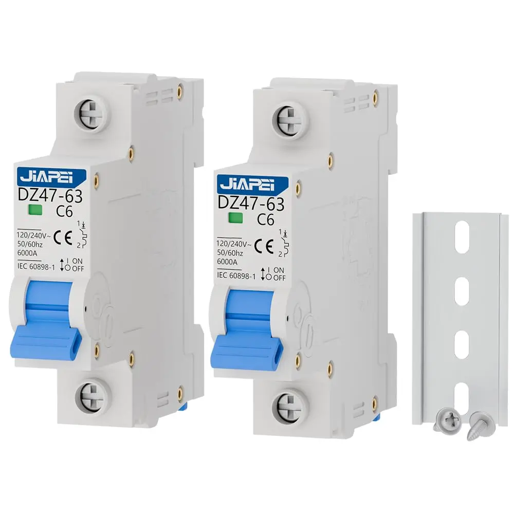 2 Pack Miniature Circuit Breaker, 1 Pole 6 Amp, 120V/240V AC, Thermal Magnetic Trip MCB C6, DIN Rail Mount