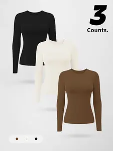 Women's Fall & Winter Tight-Fit Long Sleeve Top, Sexy Round Neck Gym Wear, Comfortable Elastic Fabric, Daily Casual, Gym Tops