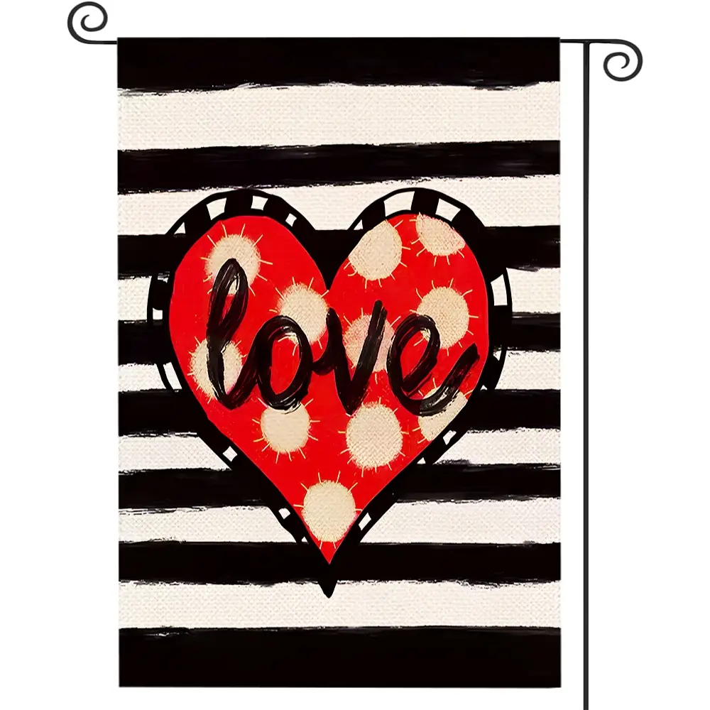 1Pc Striped Heart Valentine's Day Love Garden Flag 12x18-inch Double-sided Polyester Outdoor Yard Flag with Flower and Cat Watercolor Print, Versatile Holiday Decoration
