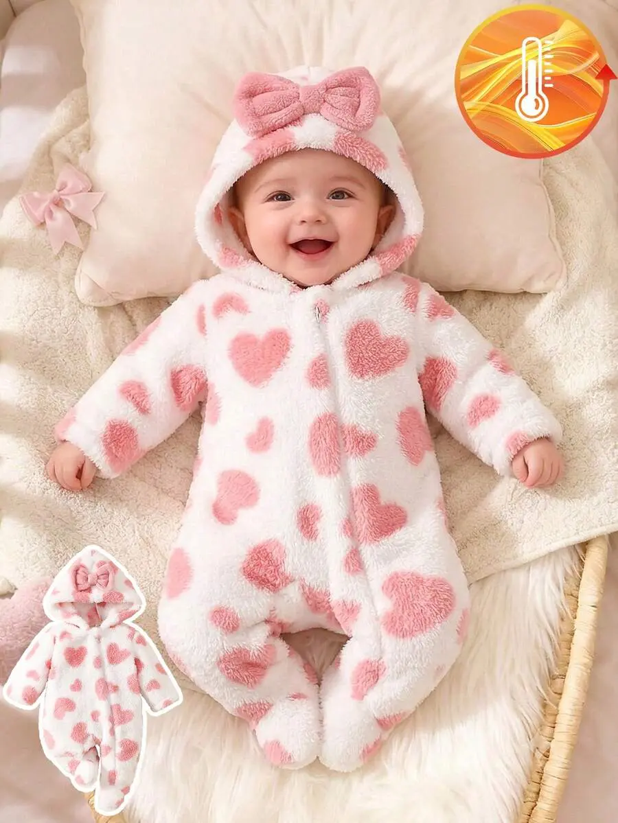 Bumpie x Newborn Baby Hooded Jumpsuit, Cute Pink Bow Print Flannel Soft & Skin-Friendly Infant Jumpsuit
