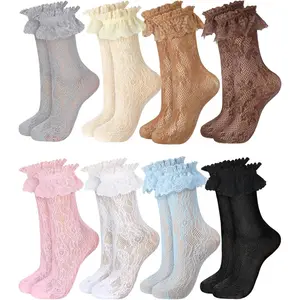Graduation Gift 8 Pairs Women Lace Socks Ruffle Frilly Ankle Women Cute Lolita Lace Trim Socks