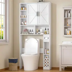 Over The Toilet    2 Barn Doors , Bathroom Organizer  Adjustable Shelves, Tissue Holder And Racks, Farmhouse   For Laundry,White filing cabinet Rustic Storage Kitchen Pantry with
