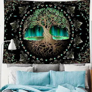 Tree Of Life Tapestry Green Leaf Mandala Spiritual Wall Hanging, Peach Velvet Thin Style Tapestry, Bedroom Aesthetics Hippie Cool Natural Moon Star Pattern Tapestry Suitable For Living Room Office Home Decor Art Design Decoration
