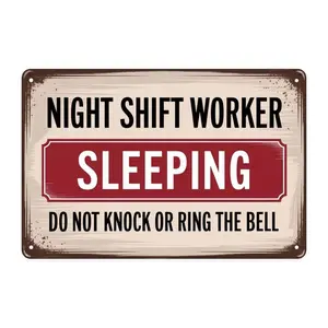Night Shift Worker Sleeping Tin Sign, Vintage Funny Night Shift Metal Sign Print Aesthetic Room Decoration for Home Bedroom Kitchen Bar Coffee Bathroom Indoor Outdoor Wall Decor, 8 X 12 IN