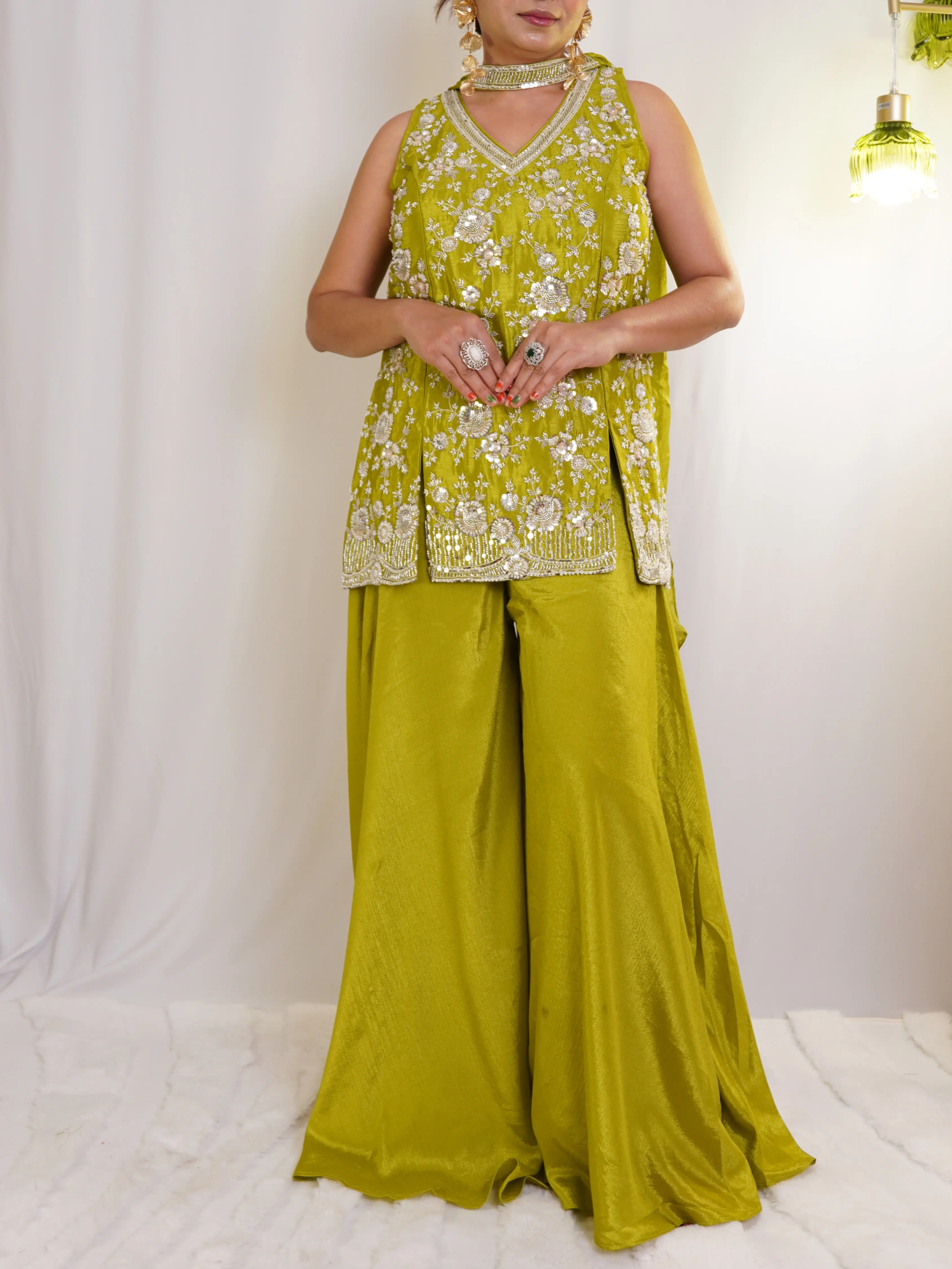 Elegant Olive Green Embroidered Sarara set for Women