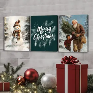 Christmas Wooden Framed Canvas Painting, 3 Counts/set Merry Christmas Letter Snowman Pattern Wall Art, Wall Decor for Home Living Room Bedroom Office