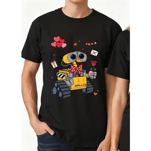 Wall-E and Eve Valentine's Day Couple T-shirts, Valentines Couple Tee, 100% cotton Xmas Christmas Tee, Gift for Boyfriend Girlfriend Wife Husband- 1 piece retro print design gym  clothes  men top clothing tee oversized  shirts rod  wave