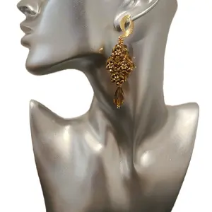 Beautiful Beaded Gold Earrings Elegant Jewelry Handmade with Intricate Beadwork and Dangling Charm