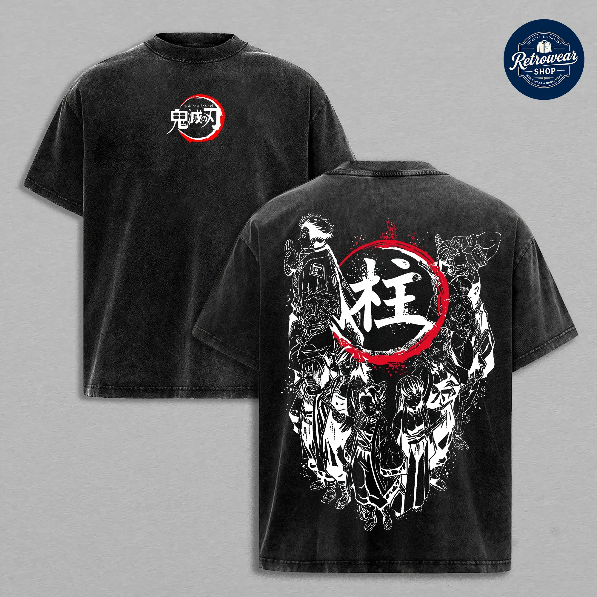 Men's Short-Sleeve Vintage Washed Demon Slayer Tanjiro Kamado T-Shirt - Hinokami Kagura Flame Water Legacy Graphic, Large Back Print, Menswear Streetwear Tops