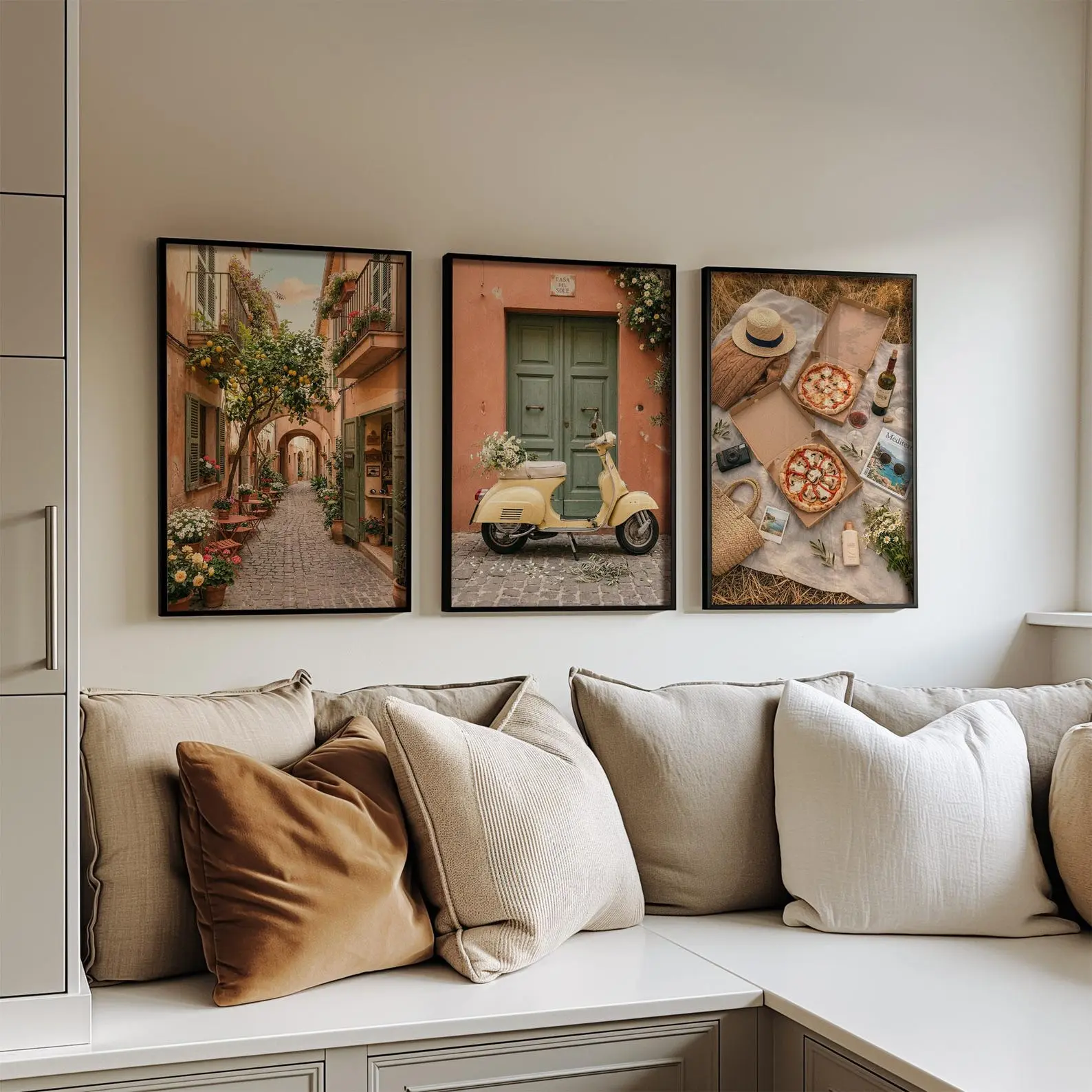 Amalfi La Dolce Vita Wall Art Set of 3, Mediterranean Coast Print, Italian Summer Lifestyle Photos for Modern Home Decor, Pizza Lemons Vespa