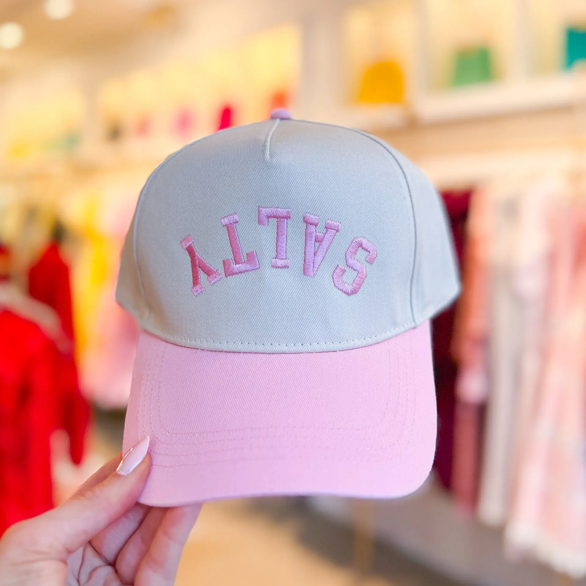 SALTY Trucker Hat – Baby Pink and Gray Two-Tone Embroidered Hat, Funny Retro Aesthetic Cap, Cute Summer Beach Hat for Girls, Snapback Gift Idea