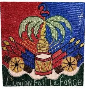 Haitian Flag Tablo Canva Decorated with Rhinestones Union Fait La Force Artwork Gift Ornaments