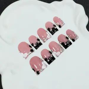 10 black and white flower nail stickers, Y2K style, square short French manicure, diamond pattern, Rhinestone embellished, minimalist nude color, handmade, suitable for daily wear, Valentine's Day gift, including tool kit, handmade nail art supplies