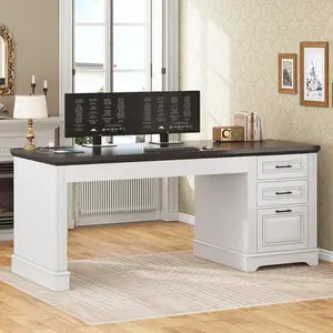 Sikaic 55" Computer Desk with Storage Drawers and Power Outlet White Furniture Modern Design Ergonomic Interior Wood Workstation Stable Tabletop