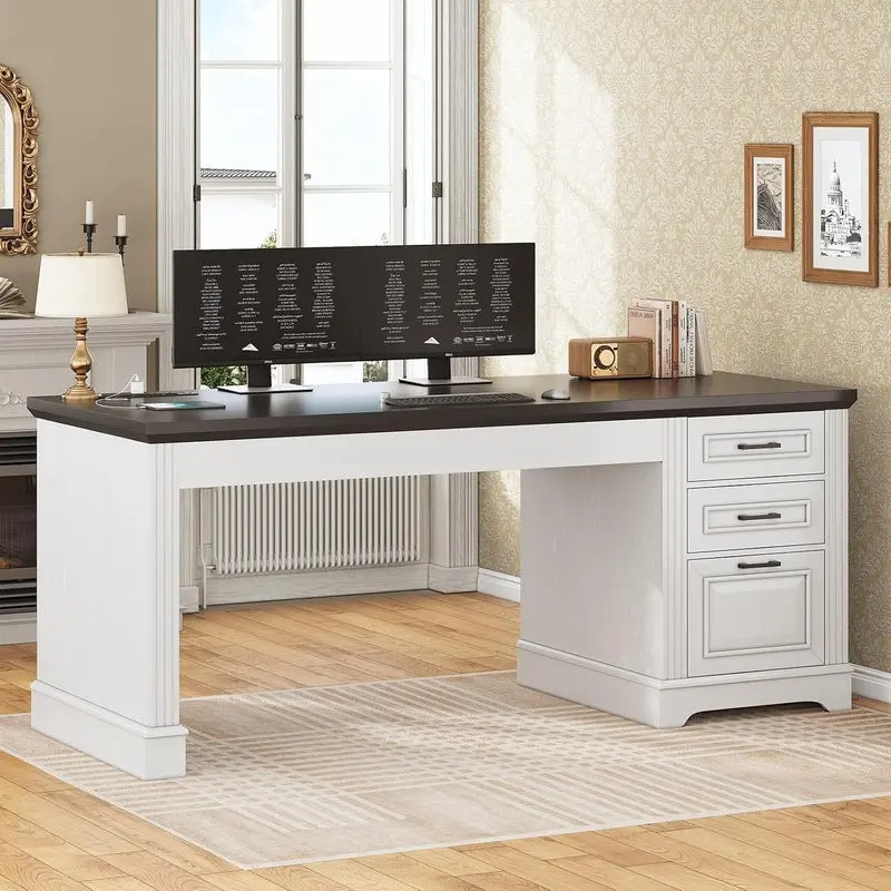 [SummerSale] Sikaic 55" Computer Desk with Storage Drawers and Power Outlet White Furniture Modern Design Ergonomic Interior Wood Workstation Stable Tabletop Home Office Desks, Home Furniture, Dorm Essentials