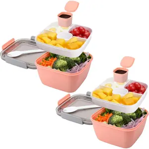 2 Pack Bento Box Adult Lunch Box,52-oz Salad Bowls,3 Compartment Tray with Salad Dressings Container,Used to Meal Pre-prepare Food Fruit Snack,Leak Proof (Pink) TikTokShopBlackFriday Christmas Tableware Sets Stock Up Gift
