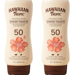Hawaiian Tropic Sheer Touch Ultra Radiance SPF 50 Sunscreen Lotion 8oz Twin Pack Oil-Free Non-Greasy with Vitamins C & E for Radiant Skin Cosmetic Scent Shea Body Care