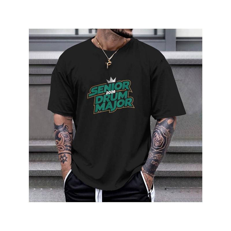 Senior 2026 Drum Major 2026 Class Of 2026 T-Shirt, 100% Cotton, Single Side Printed, Black Short Sleeve T-shirt, Gift for Family Friends, S-XXXL, 1 pc, Fabric Weight 180g