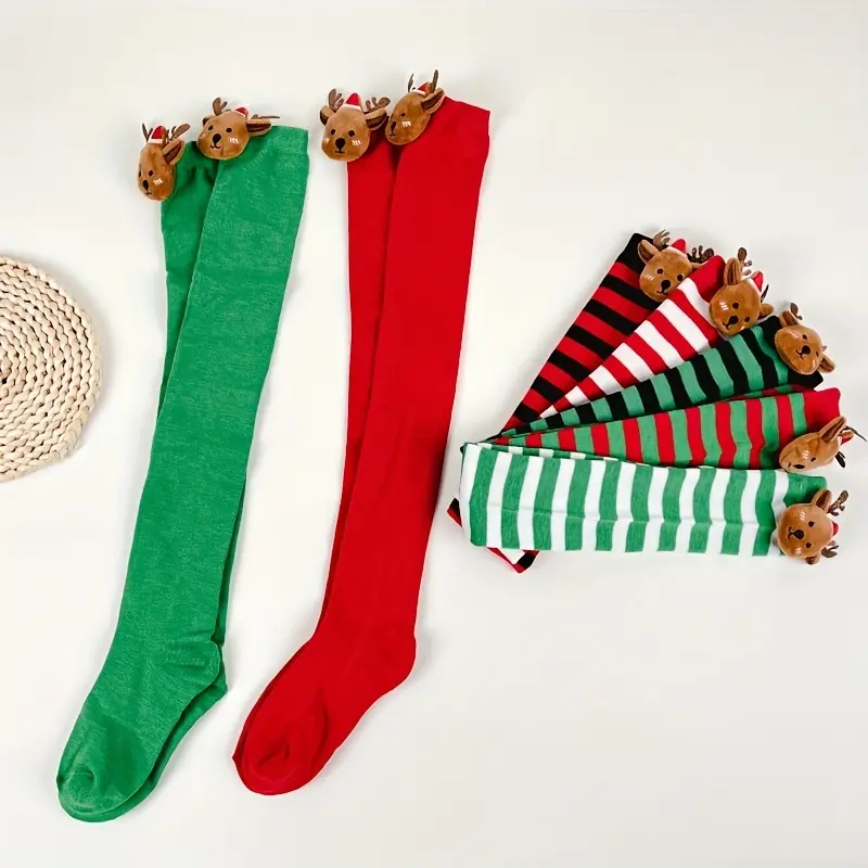 1 Pair Women's Over-the-Knee (OTK) Christmas Stockings with Cute Antler & Reindeer -Like Cuff - Green/Red/Gingham/Striped Thigh-High Boots/Socks for Holiday Parties, Cosplay Costumes (Hand Washable)