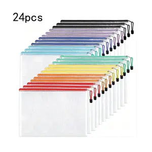 Random Color Mesh Zipper File Bag, 24pcs A4 Size File Bag, Files Organizer, Office Stationery & Supplies for Home School Office Dormitory Outdoor
