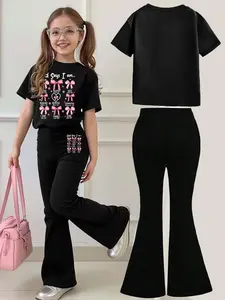 Kids' Casual Set, Pink Bow Slogan Print Short Sleeve T-Shirt + Flare Pants, Multiple Colors, Machine Washable, Spring & Summer Outfit, Soft Skin-Friendly Fabric, Daily Wear, Fashion Design, Graphic Print Set