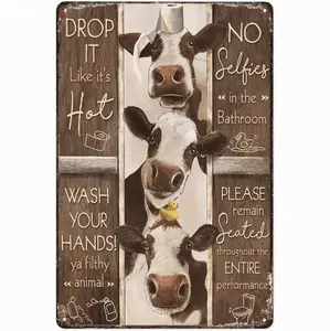 Humorous Farmhouse Bathroom Wall Art With Funny Cow Themed Toilet Rules Tinplate Decoration For Home Office Or Classroom Animal Design Vibrant Cartoon Design