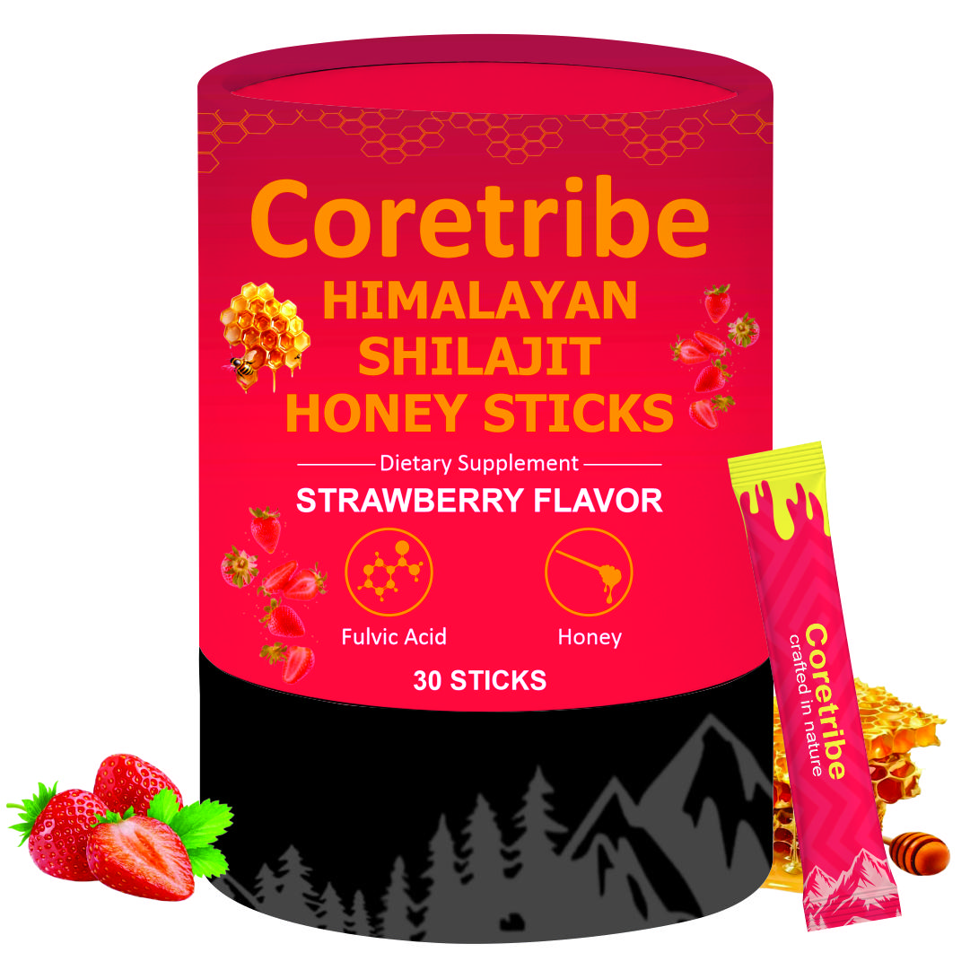 Coretribe Pure Himalayan Shilajit Honey Sticks | Easy to Consume Shilajit | 30 Sticks for Energy Boost & Immune Support, 85+ Trace Minerals, 75%+ Fulvic Acid | Lab-Tested For Purity| Strawberry & Chocolate Flavor