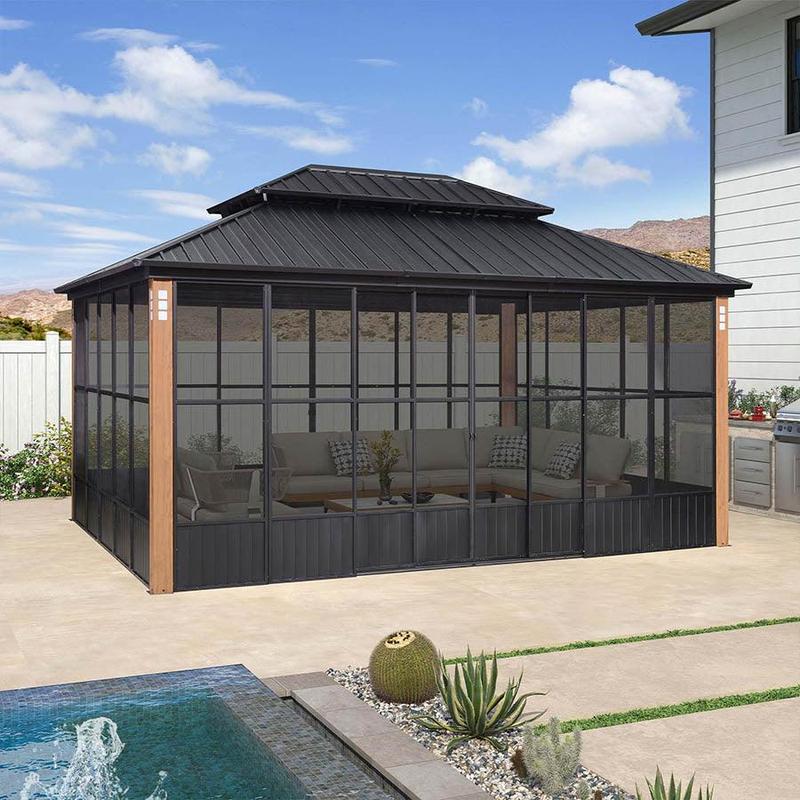 PURPLE LEAF 12' x 16' Hardtop Gazebo For Patio | Screen House Wood Grain Aluminum Solarium Canopy
