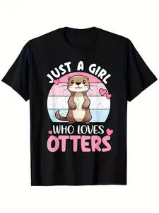Men's Otter Lover Graphic T-Shirt - Cute Otter & "Just a Guy Who Loves Otters" Slogan, Black Pure Cotton Short Sleeve Tee with Pink Hearts & Otter Design, Casual Streetwear All-Season Comfort Round Neck Shirt for Otter Enthusiasts