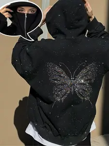 Women's Fashion Chic Graphic Butterfly Print Silver Color Zipper Hoodie, Casual Fitted Two-Layer Hooded Sweatshirt, Fall & Winter Wear