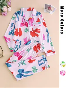 【clearance sale】Colorful bow tie pajama set - Women's long-sleeved pajamas. Comfortable pajama set suitable for nightwear. Pjs Loungewear