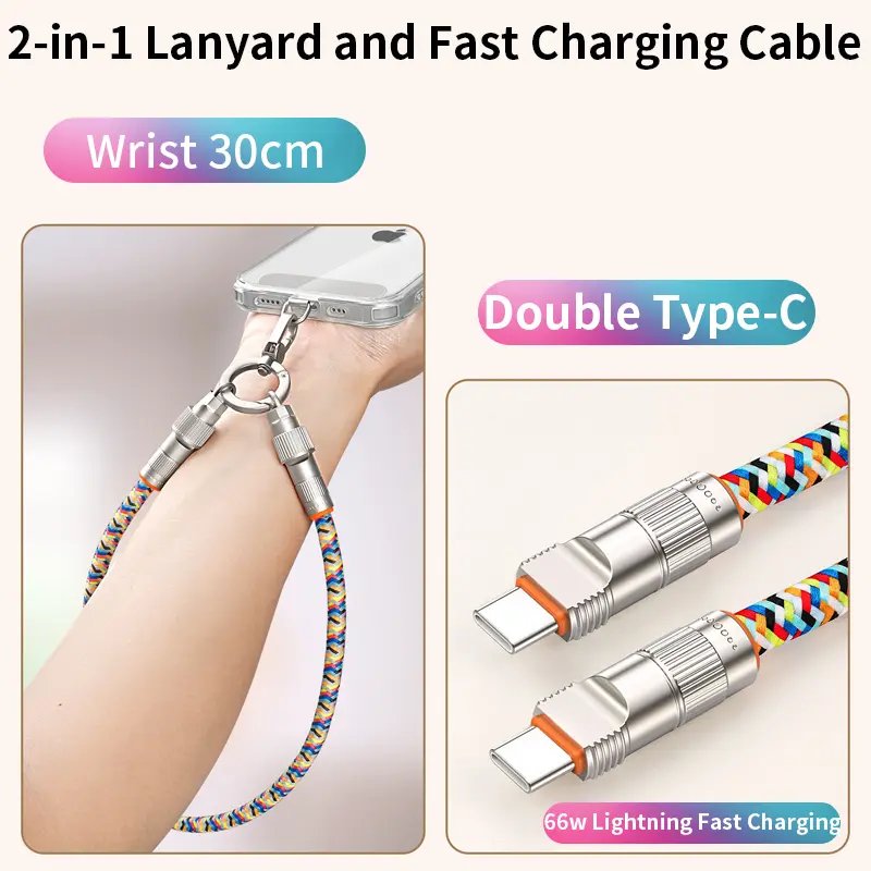 Cell Phone Lanyard Built-in USB C Cable, 2 In1 65W Fast Charging Phone Lanyard Wrist Strap, Data Transfer Cord Charger Cellphone iphone 14 pro max case phone charm   Smartphone