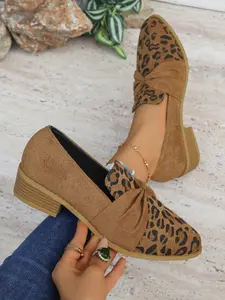 Women's Fashion Pointed Toe Loafers, Leopard Print Design, Comfortable Mid Heel, Soft Leather, Spring & Fall Casual Shoes, Walking Shoes