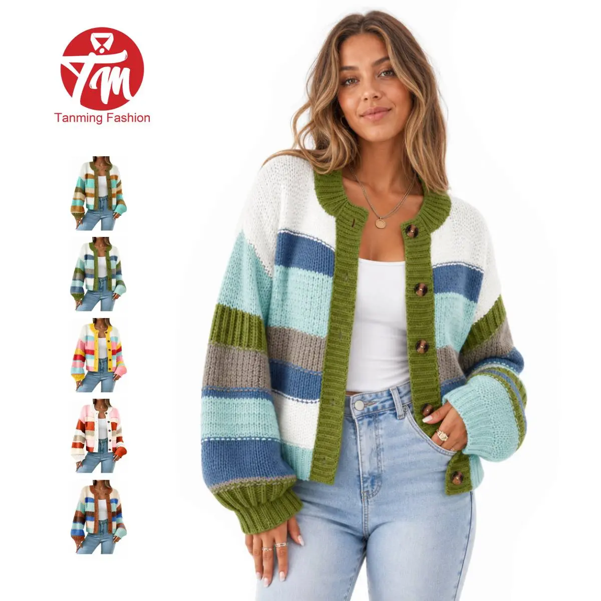 Tanming Lady's Striped Chunky Knitting Cardigan Top, Button-Up Color Block Longsleeves Loose-Fit Casual Outerwear for Women, Black Friday Pick, Knitwear, Work, Crew Neck