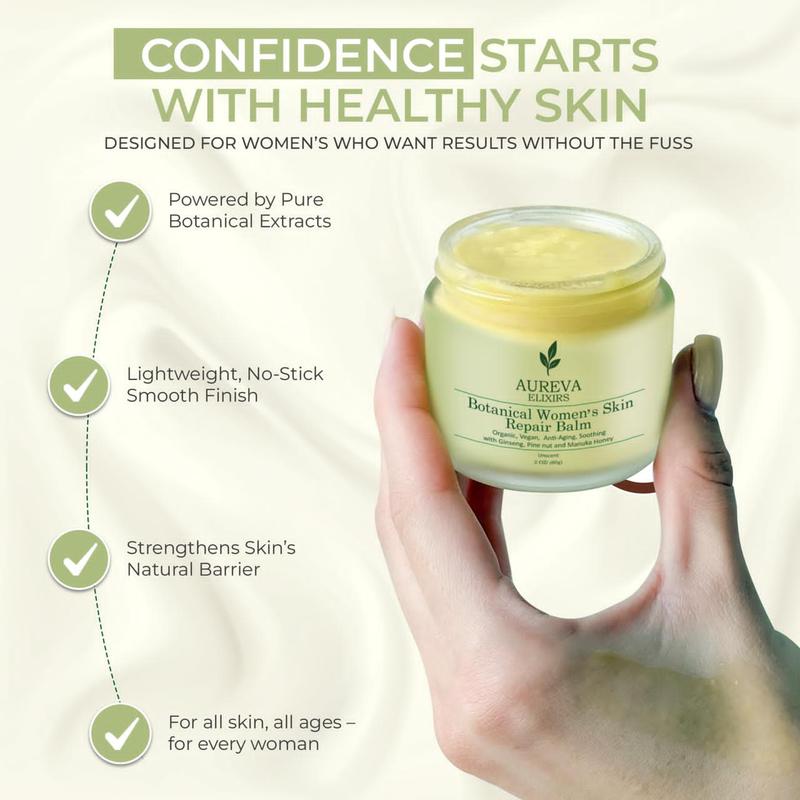 Aureva Elixirs Botanical Women's Skin Repair Balm 97% Problem Solving Formula with Ginseng Oil & Manuka Honey Soothes Redness Dryness Eczema Itchy Skin 2 Oz Unscented Argan Daily Radiance Body Care Moisturizer - Gentle
