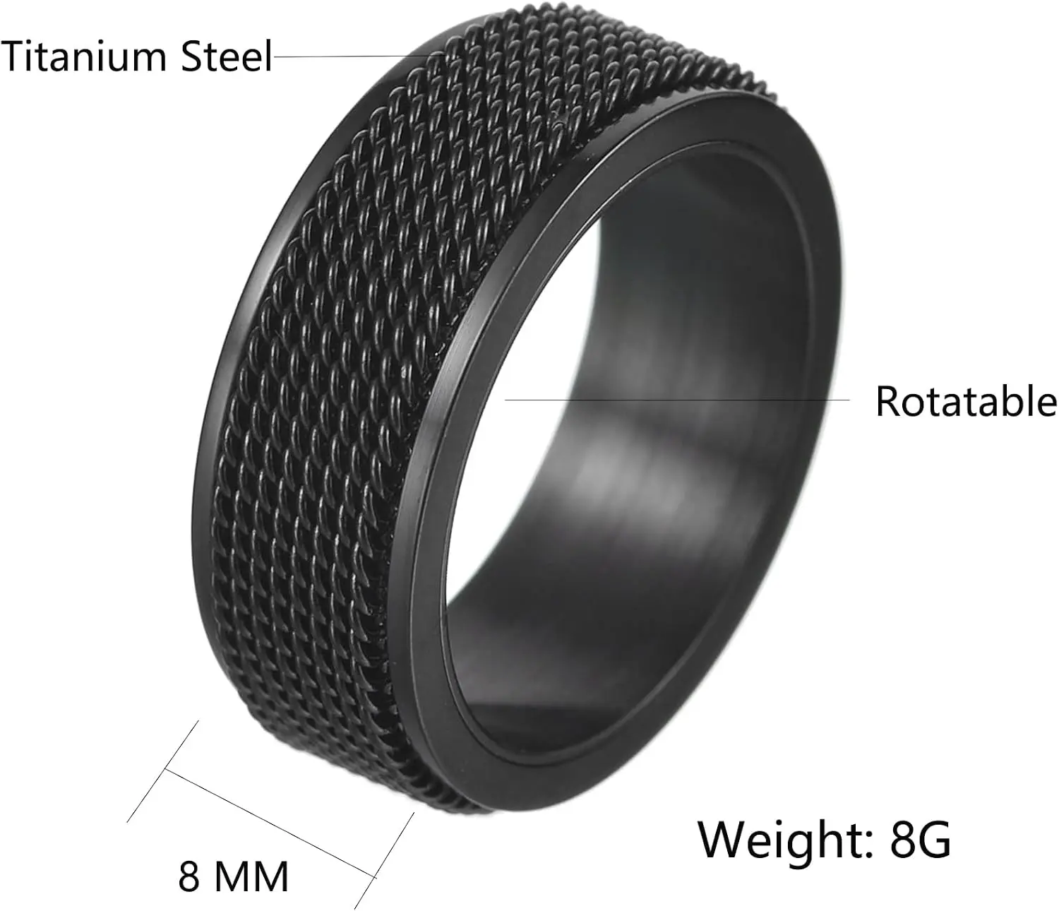 Men's 8mm Spinner Ring, Black Textured Fidget Band, Rotatable Anxiety Relief Ring, Cool Fashion Jewelry for Men and Women