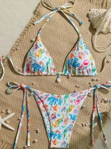 Women's Shell Bikini Set, Strapless Triangle Top and High Waist Tie Bottoms, Plaid Swimwear, Casual Beachwear, All Seasons, Tropical Print Swimsuit