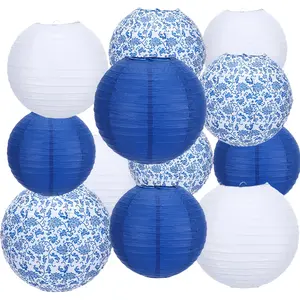 12 pieces of blue and white porcelain style paper lanterns - the perfect choice for holiday celebrations, parties and home decoration, the best choice for Christmas