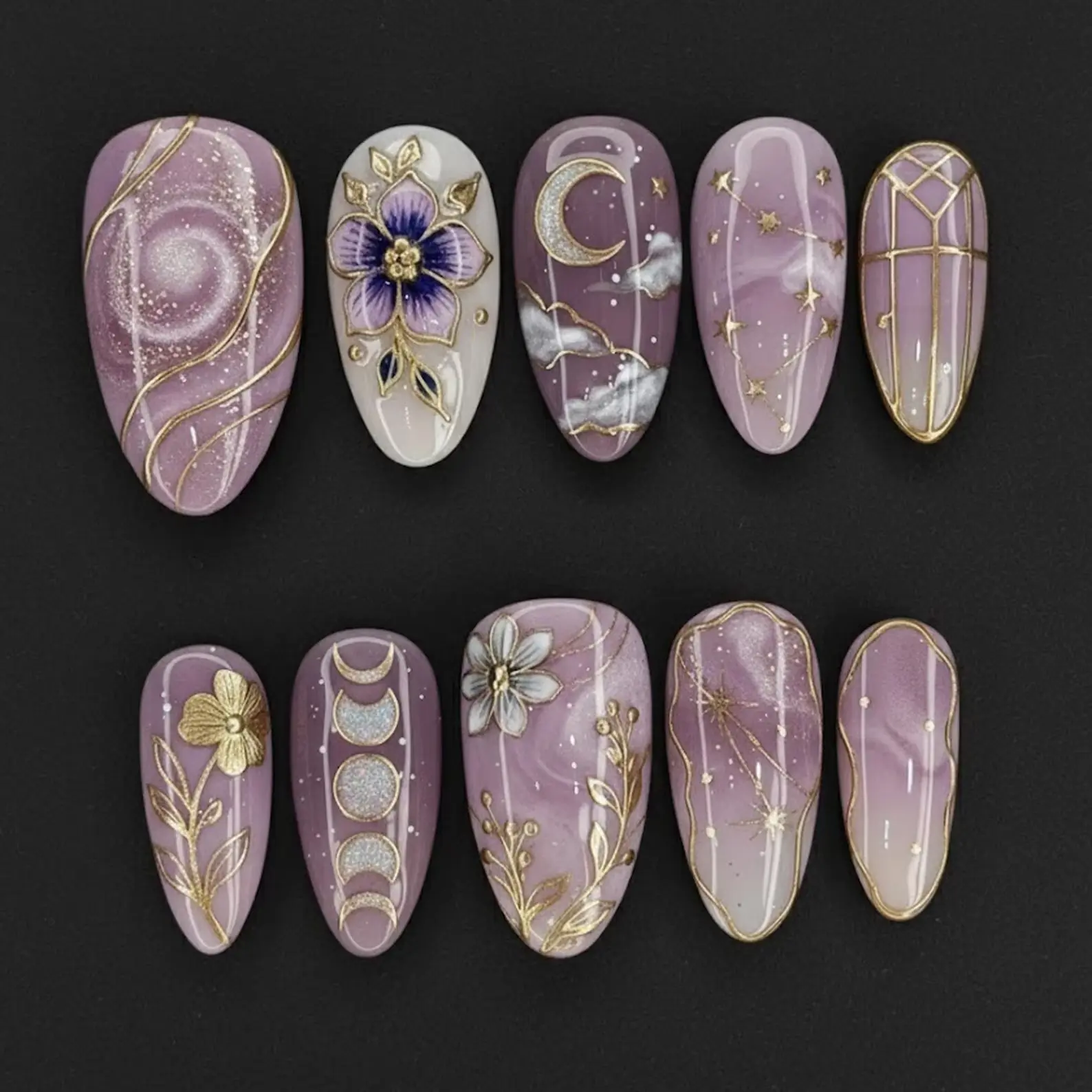Handmade Lavender Celestial Press On Nails | Purple Marble, Gold Moon Phase & Floral Art nails