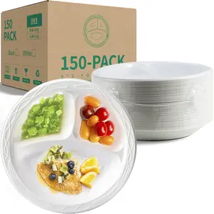 YANGRUI White Plastic Plates, 9 Inch 3 Compartments 150 Pack Food Grade Material BPA Free Reusable MFPP Dinner Plates Disposable Hand