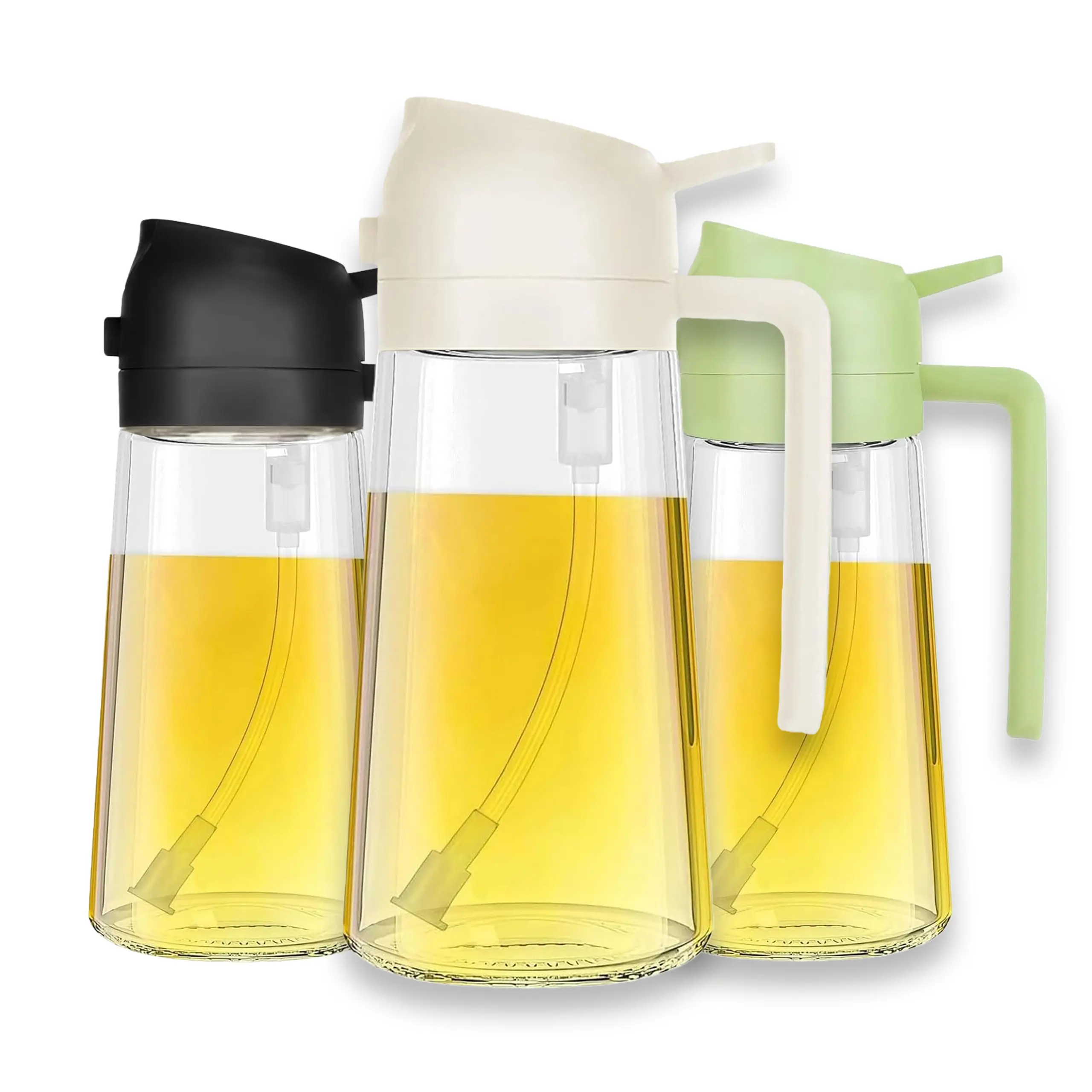2026 Latest 3-Piece 2-in-1 Oil Pourer Set, Glass Pour & Mist Sprayer for Seasoning, Mess-Free Spout, Black Beige Green for Home Kitchen