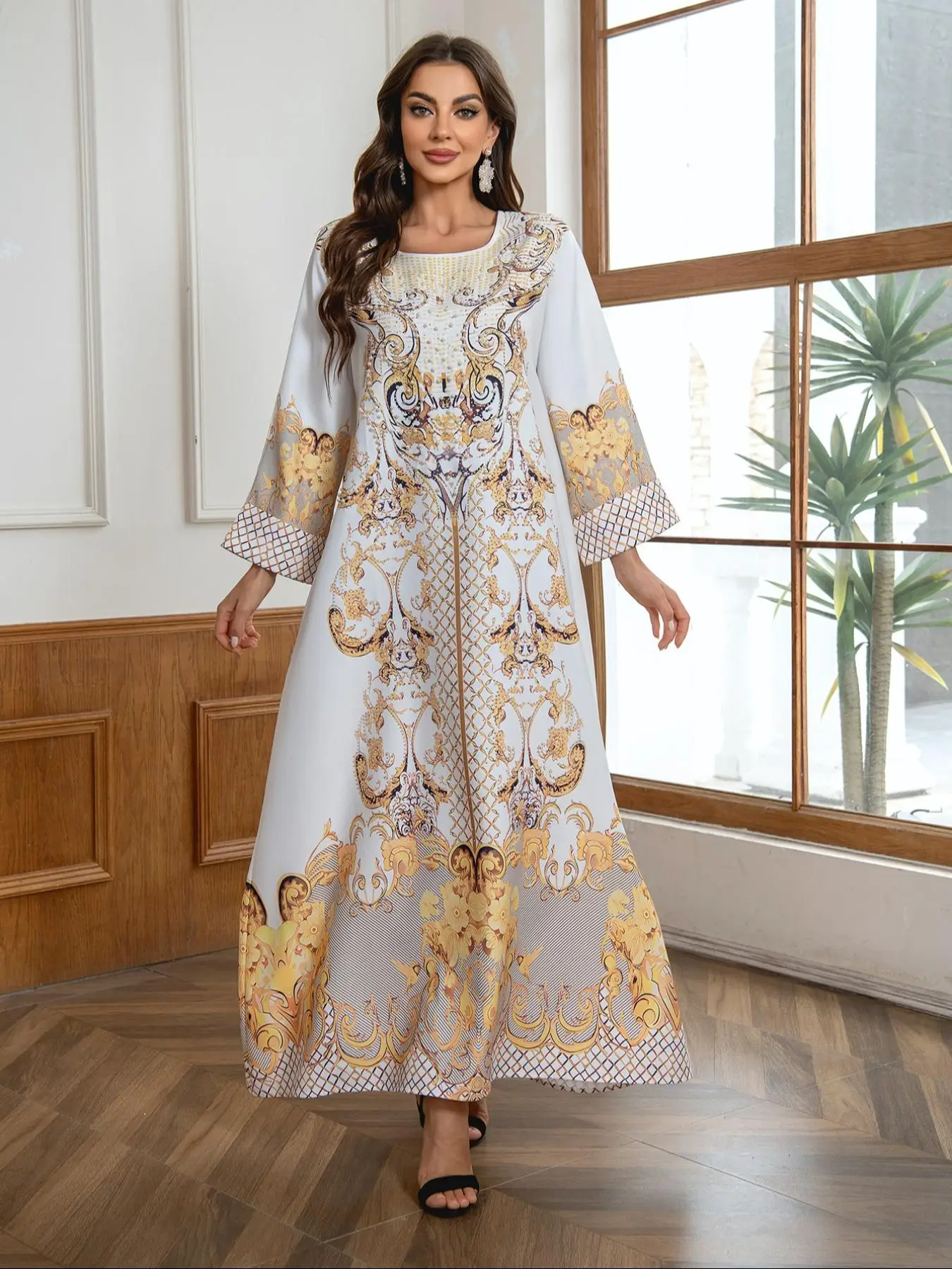 Muslim Autumn Winter Elegant Vintage Print Beaded Sequined Flounce Sleeve Long Dress Abaya, Loose Fit Woven Fabric, All Seasons Wear