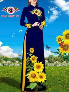 Set Traditional Vietnamese Sunflowers Ao Dai - Bộ áo dài in 3D truyền thống - Ready to ship - Square neck