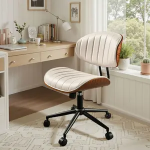 【Summer Vibes】Ovios Home Office Chair No Arms with Wheels, Adjustable Height Make Up Desk Chair, PU Leather Mid Back 360° Swivel Computer Chair, Armless Modern Walnut Chair for Office, Reading Meeting Room